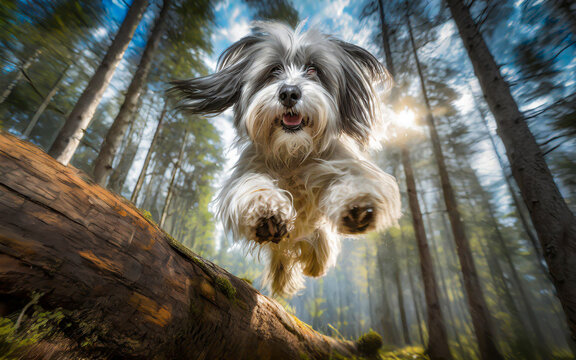 a Tibet terrier jumps at full speed over a tree trunk in the forest, AI generated