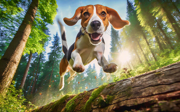 a Beagle jumps at full speed over a tree trunk in the forest, AI generated