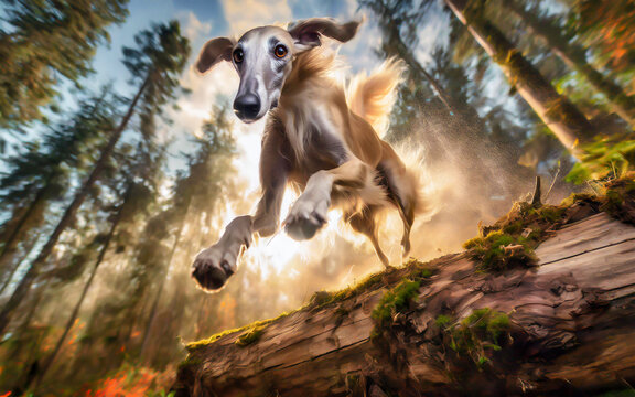a afghan greyhound jumps at full speed over a tree trunk in the forest, AI generated