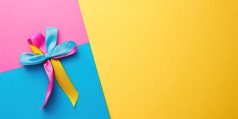 Colorful gift ribbon on a vibrant two-tone background.