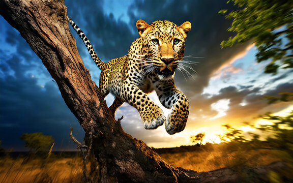a leopard jumps at full speed over a tree trunk in the savannah, AI generated