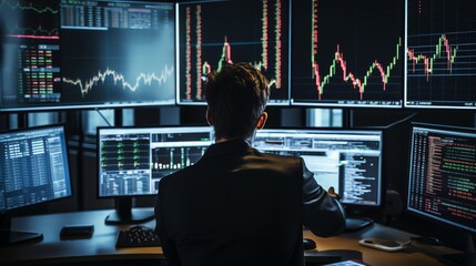 Trader analyzing realtime stock market data on multiple monitors, charts showing upward trends indicative of a bull market