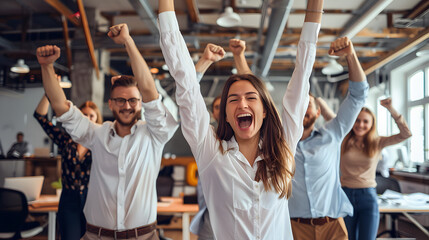 Group of businesspeople, happy about the success of a deal in business work.