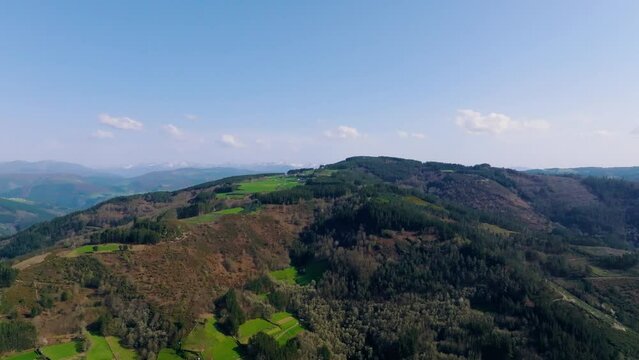Lush Nature With Mountainous Landscape Near Fonsagrada Lugo, Galicia Spain. Aerial Drone Shot 