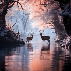 Deers in the winter forest reflected in the water at sunset.