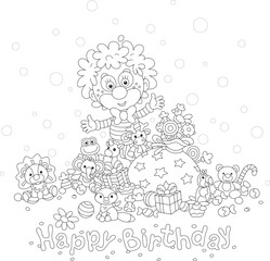 Happy birthday card with a funny circus clown and a pile of gifts and sweets for a merry holiday, black and white vector illustration for a coloring book