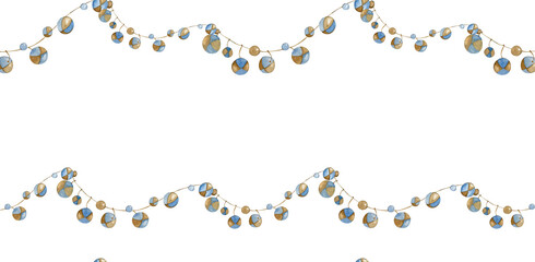 Watercolor Children's Garland with balls in Vintage Style in Pastel Shades Beige and Blue . An Element Design Of A Children's Room, Packaging, Children's Accessories, Shop Windows, Website, Stationery