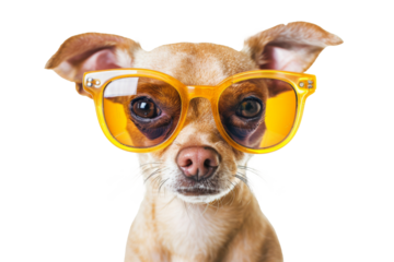 Happy smile Puppy dog wear sunglasses with summer season costume isolated on background, pets summer, lovely dog, holiday vacation.