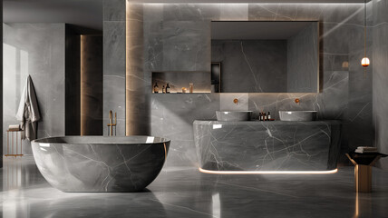 sleek grey marble bathroom with LED lighting, double vanity, and freestanding tub Generative AI