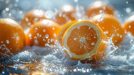A group of oranges are splashing in the water