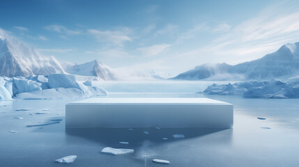 The icy podium against the backdrop of the frozen Arctic landscape. A flat iceberg serving as a product placement