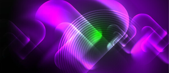 Obraz premium Vibrant neon lines in shades of purple, violet, pink, magenta, and electric blue create a colorful visual effect on a dark background, resembling glowing gas circles