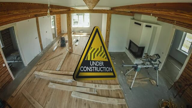 Time-lapse of house interior renovation with a animated 3D construction sign