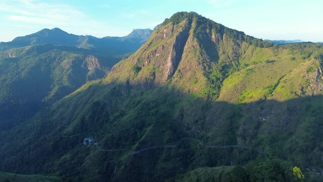 Aerial drone landscape of Little Adam's Peak trail walk View Point scenic mountain range look out with winding road Ella Sri Lanka travel tourism hiking Asia