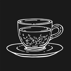 Glass cup of tea, rose. Hand drawn vector illustration in outline style.