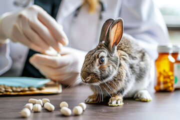 rabbit attentively observing a veterinarian's hand