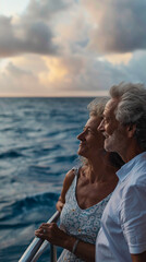 A couple is standing on a boat looking out at the ocean