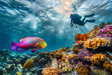 A colorful fish swims in the ocean next to a scuba diver