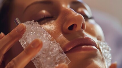 Applying a heat wrap to sore muscles while using an ice roller on the face to reduce puffiness and improve complexion. .