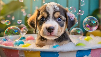 거품목욕을 하는 귀여운 아기 강아지