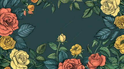 Endless botanical border with hand drawn roses plants and leaves in vibrant colors