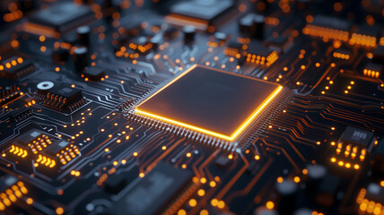 Macro shot of a central processing unit with glowing orange neon lights on a circuit board, symbolizing high-tech computing and electronics