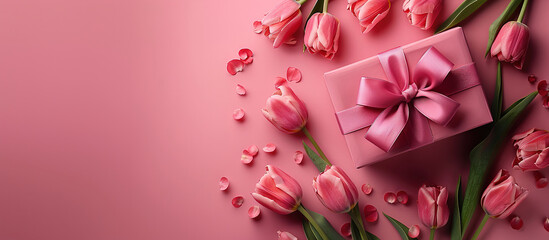Mother's Day concept. Top view photo of stylish pink giftbox with ribbon bow and bouquet of tulips on isolated pastel pink background with copyspace 