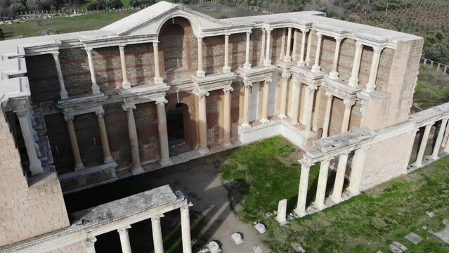 General aerial view of ruins of antique bath gymnasium complex at archaeological site of Sardis, Salihli, Manisa, Turkey