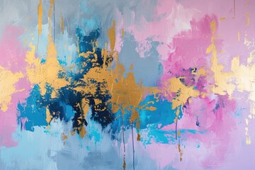 The abstract picture of the gold, pink and blue colour that has been painted or splashed on the white blank background wallpaper to form the random shape that cannot be describe yet beautiful. AIGX01.