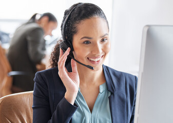 Woman, happy and headphones in call center for customer service, consulting and communication....