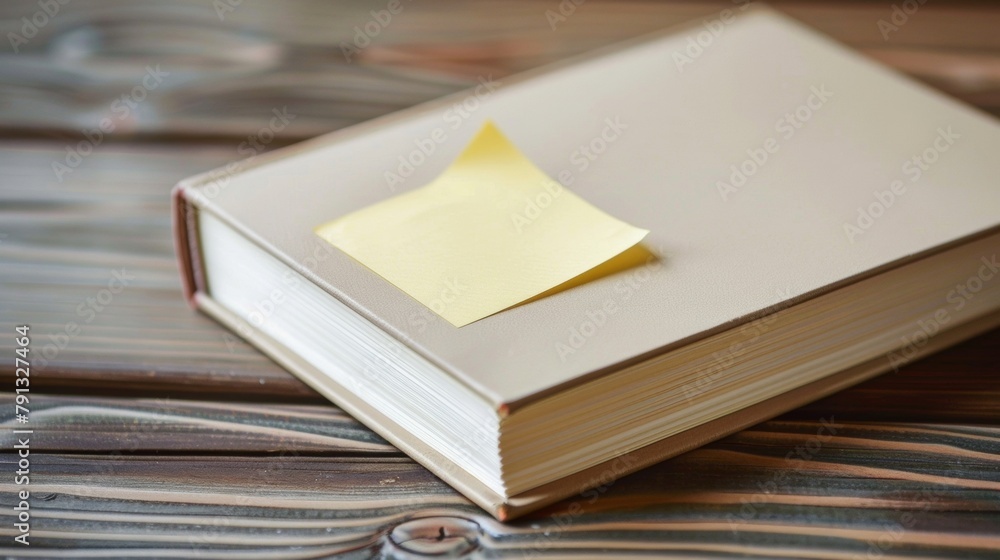 Poster blank mockup of a blank sticky note attached to a book cover with a page number and note written on 