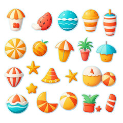 Set of cute vector summer stickers on Isolated transparent background png. generated with AI