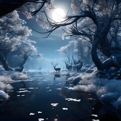 Fantasy landscape with reindeer and moon. 3D illustration