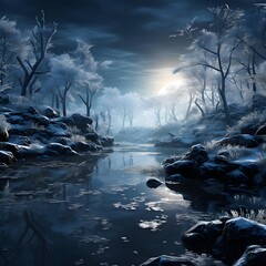 Fantasy winter landscape with frozen river and trees. 3d rendering