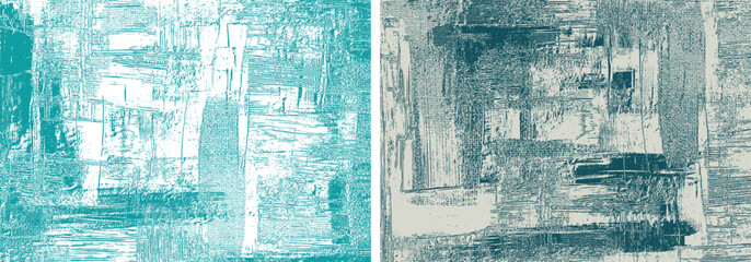 Grungy turquoise backgrounds rough paint strokes on canvas, azure set of two abstract paintings, cross hatching backdrops