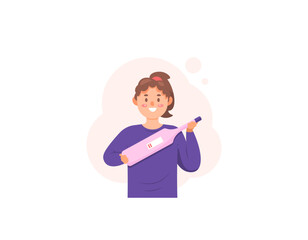 a woman is happy because the test pack results are positive. woman holding pregnancy test kit. positive pregnant. happy expression. flat style character illustration design. graphic elements