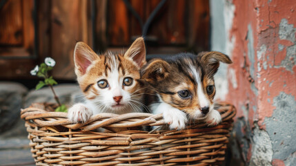 Two adorable kittens with fluffy fur and bright eyes sit side by side in a charming basket, peering curiously out at their surroundings - obrazy, fototapety, plakaty