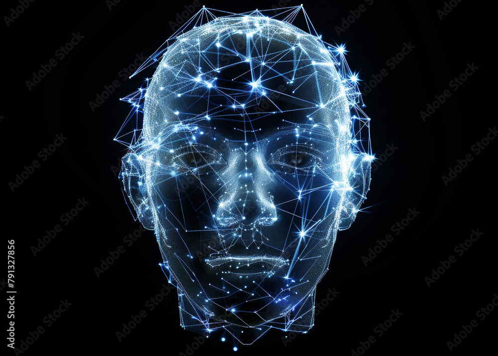 Poster a mans face is covered in a mesmerizing network of glowing lights, creating a fascinating and surrea
