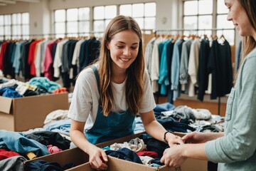 volunteer young woman sorting clothing donations in community center