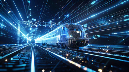 A modern passenger train with neon lights travels through a bustling city at night, showcasing a futuristic and vibrant urban scene - obrazy, fototapety, plakaty