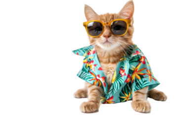 Happy smile kitty Cat wear sunglasses with summer season costume isolated on background, pets summer, lovely cat, holiday vacation.