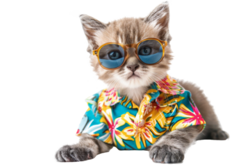 Happy smile kitty Cat wear sunglasses with summer season costume isolated on background, pets summer, lovely cat, holiday vacation.