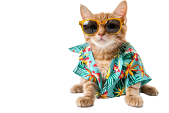 Happy smile kitty Cat wear sunglasses with summer season costume isolated on background, pets summer, lovely cat, holiday vacation.
