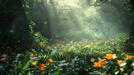 A tranquil forest glade carpeted with vibrant wildflowers, bathed in the soft glow of sunlight filtering through the canopy above, with butterflies flitting among the blooms.