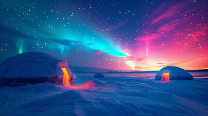An enchanting scene of traditional igloos under a starry winter sky with the vibrant hues of the Aurora Borealis illuminating the horizon. 2d flat cartoon.