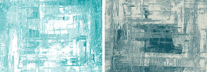 Turquoise backgrounds rough paint strokes on canvas, azure set of two abstract paintings, cross hatching backdrops