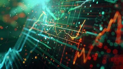 dynamic and colorful display of a stock market chart with fluctuating graphs and data points. 