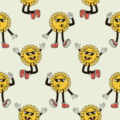 A seamless pattern with funny, cute and smiling sun character in a groovy style vector illustration