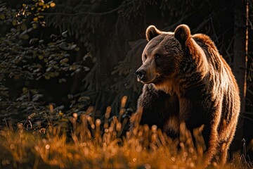 Portrait of brown bear standing in the shadow late afternoon