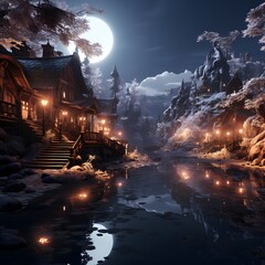 Fairytale winter landscape with wooden houses and frozen river at night